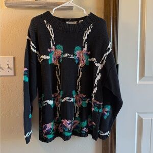Vintage Sweater Sz L Hand Knit Floral Patterned Black Colleen’s Collectibles